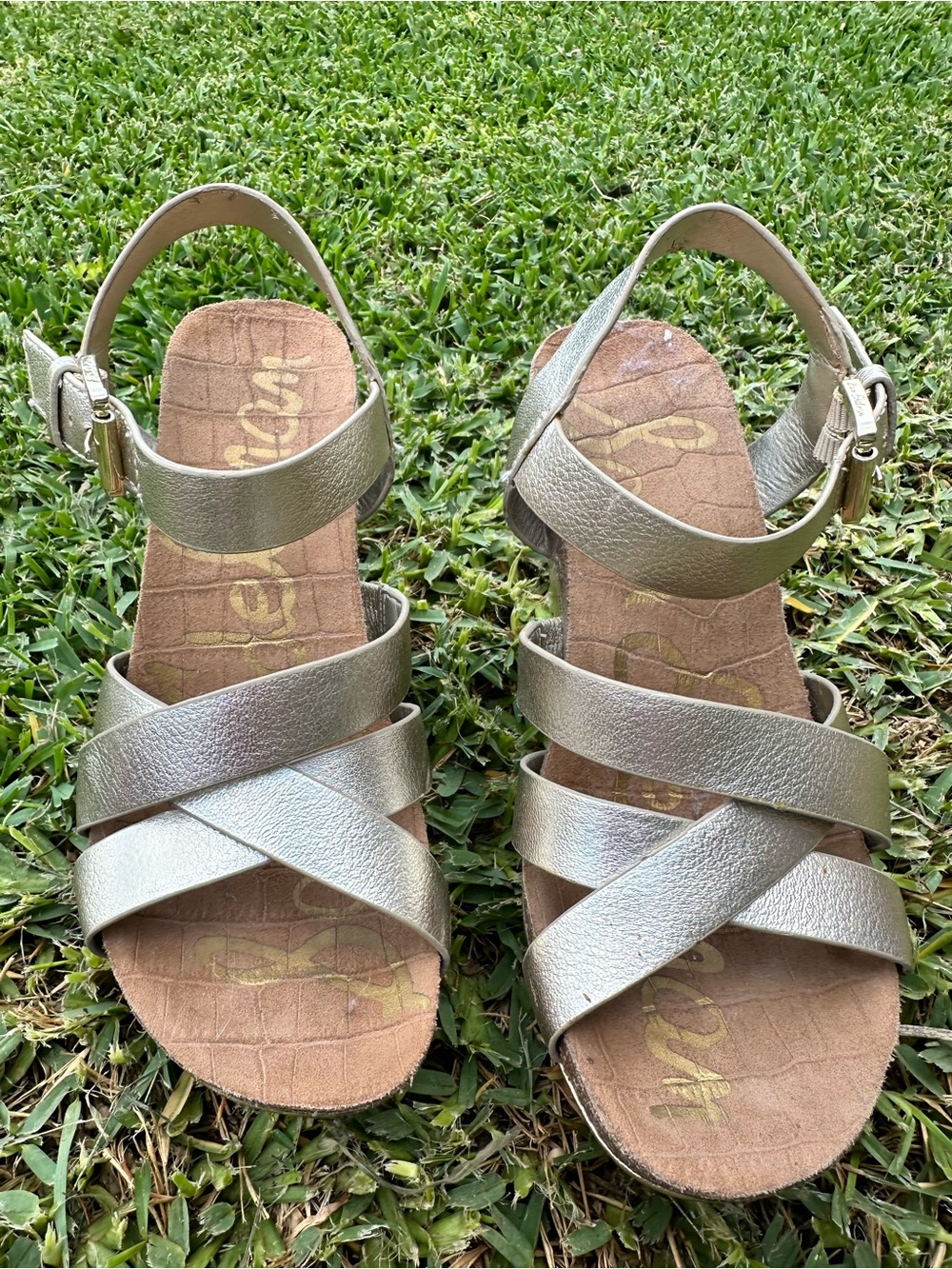 Sam Edelman Metallic Gold Crisscross Wedge Sandals